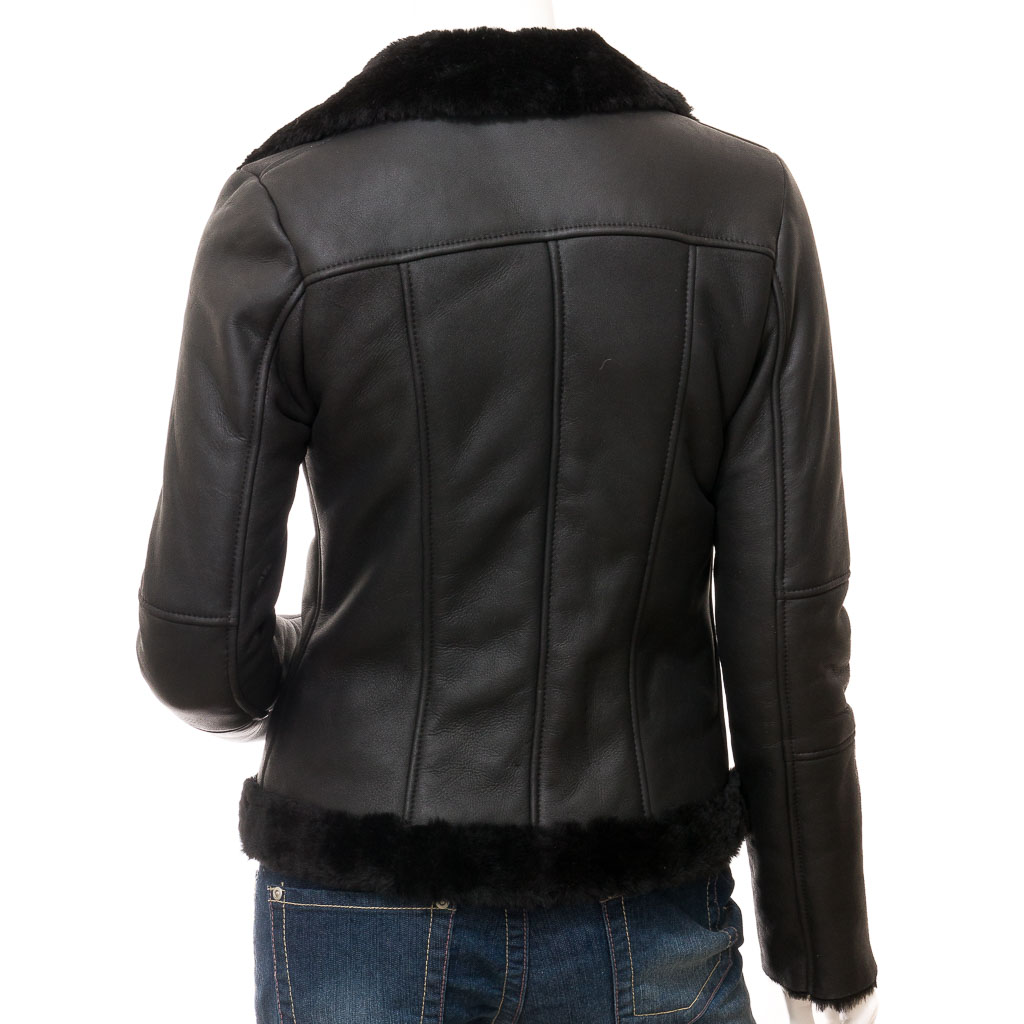 Sheepskin Shearling Jacket in Black With Biker Styling