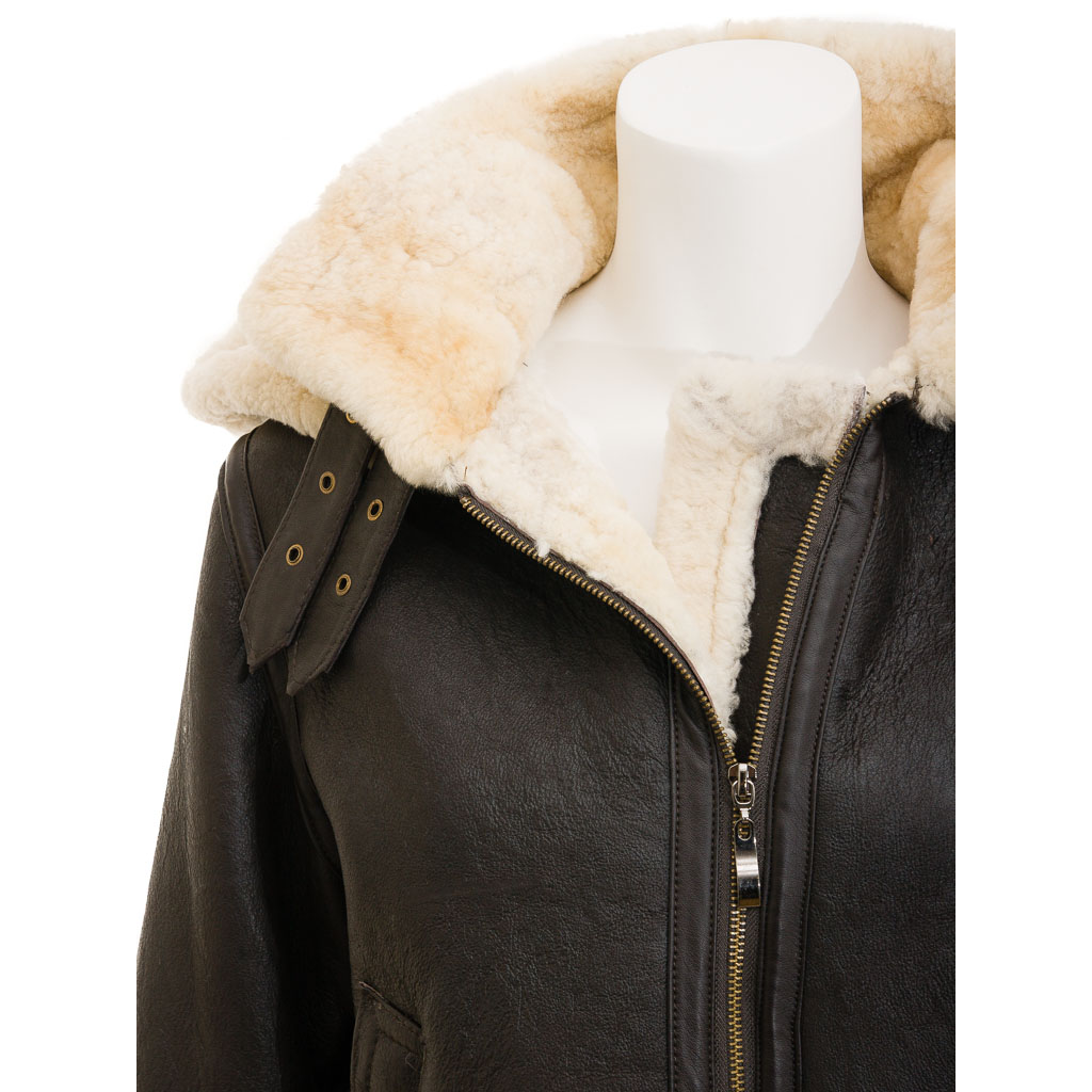 Sheepskin Shearling Jacket in Brown With Detachable Hood