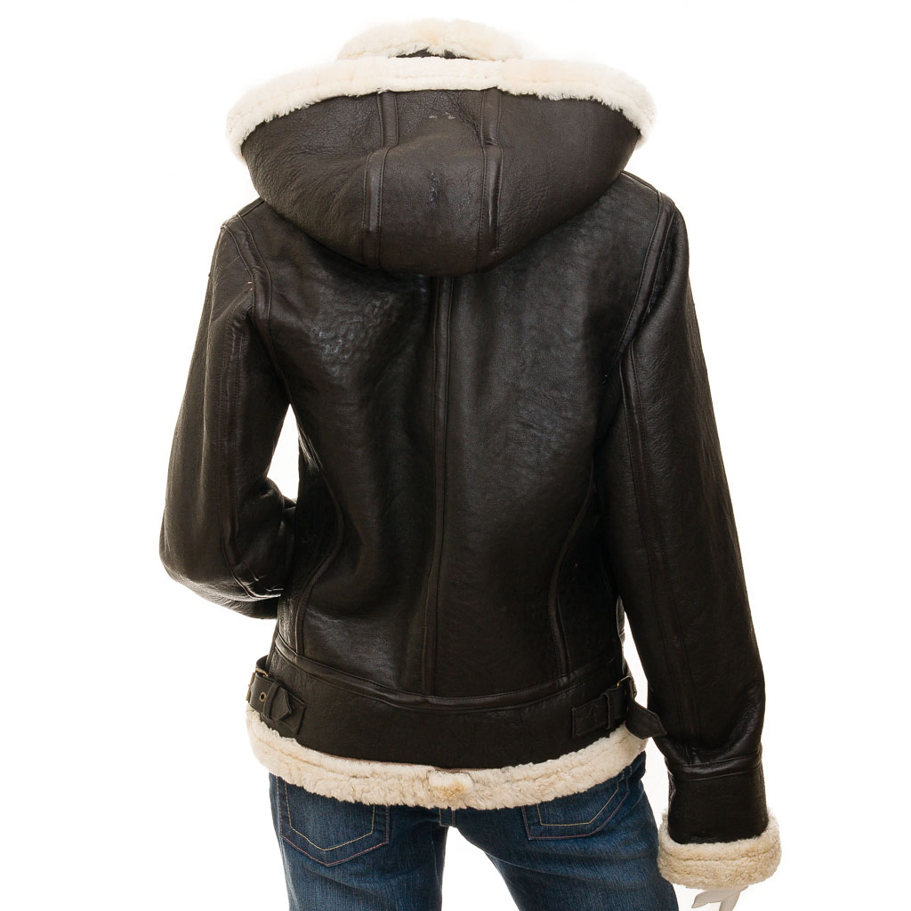 Sheepskin Shearling Jacket in Brown With Detachable Hood