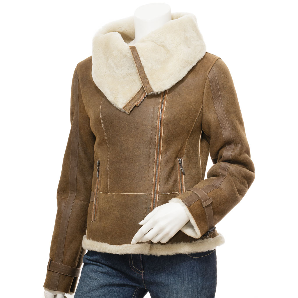 Sheepskin Shearling Jacket in Tan With Asymmetric Zip