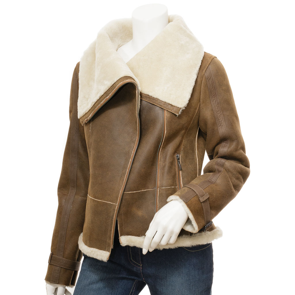 Sheepskin Shearling Jacket in Tan With Asymmetric Zip