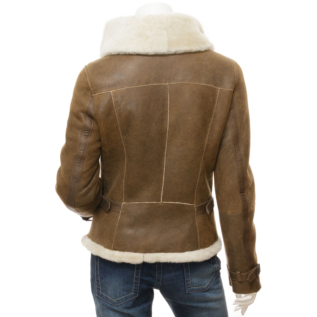 Sheepskin Shearling Jacket in Tan With Asymmetric Zip