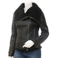 Sheepskin Biker Jacket in Black with Asymmetric Zip
