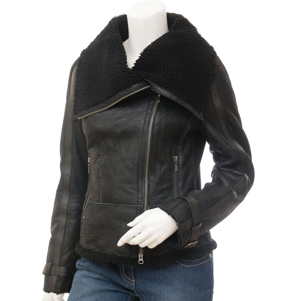 Sheepskin Biker Jacket in Black with Asymmetric Zip