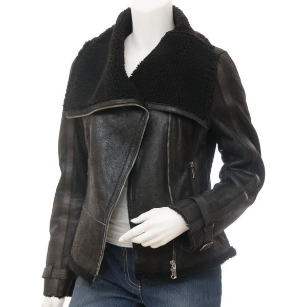 Sheepskin Biker Jacket in Black with Asymmetric Zip