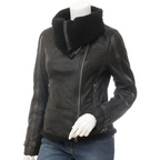 Sheepskin Biker Jacket in Black with Asymmetric Zip