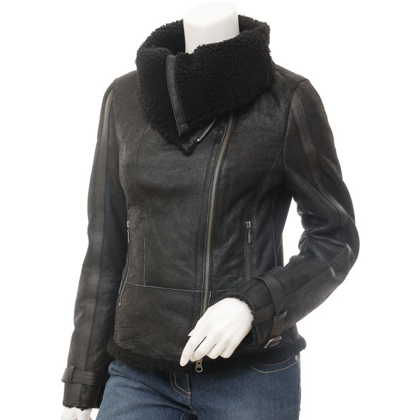 Sheepskin Biker Jacket in Black with Asymmetric Zip