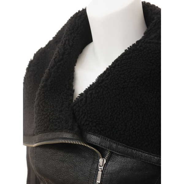 Sheepskin Biker Jacket in Black with Asymmetric Zip
