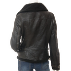 Sheepskin Biker Jacket in Black with Asymmetric Zip