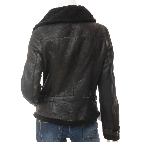 Sheepskin Biker Jacket in Black with Asymmetric Zip