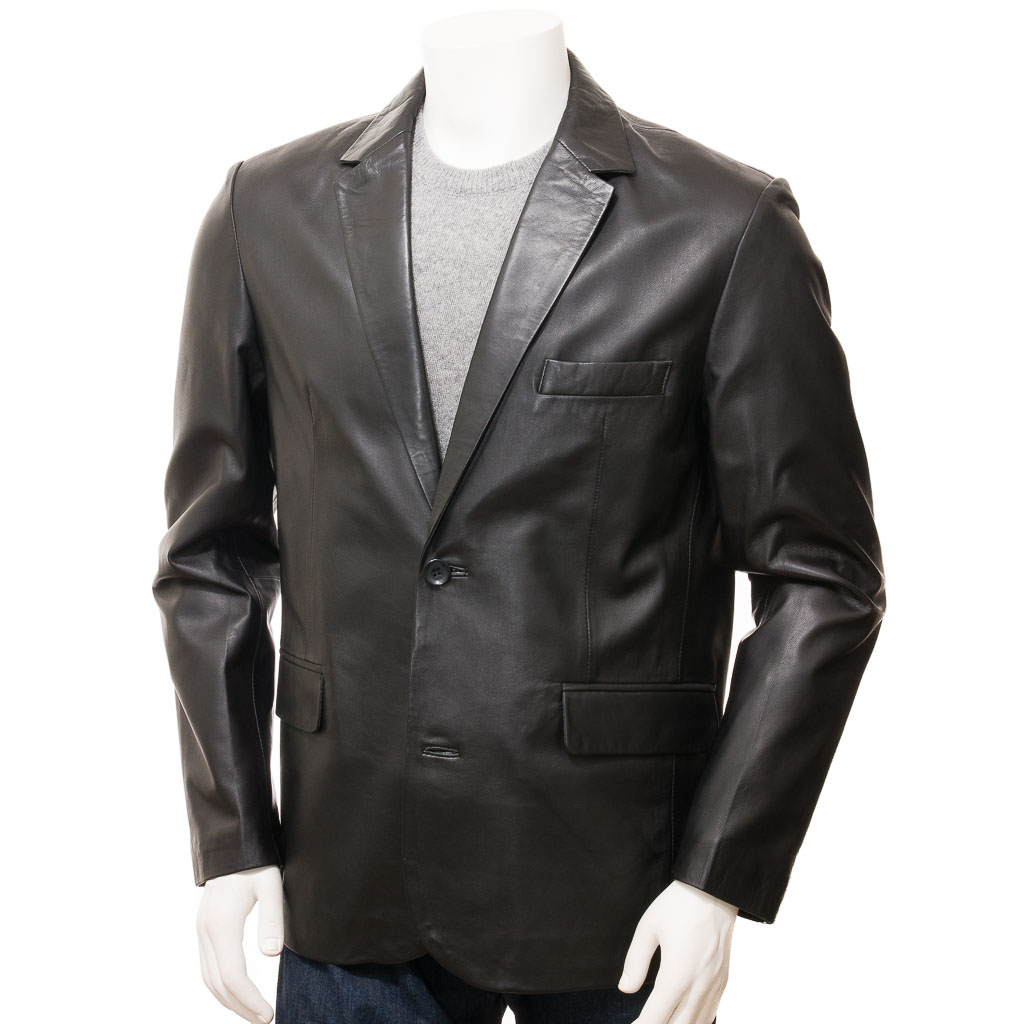Leather Blazer in Black Nappa with Tailored Two-Button Styling
