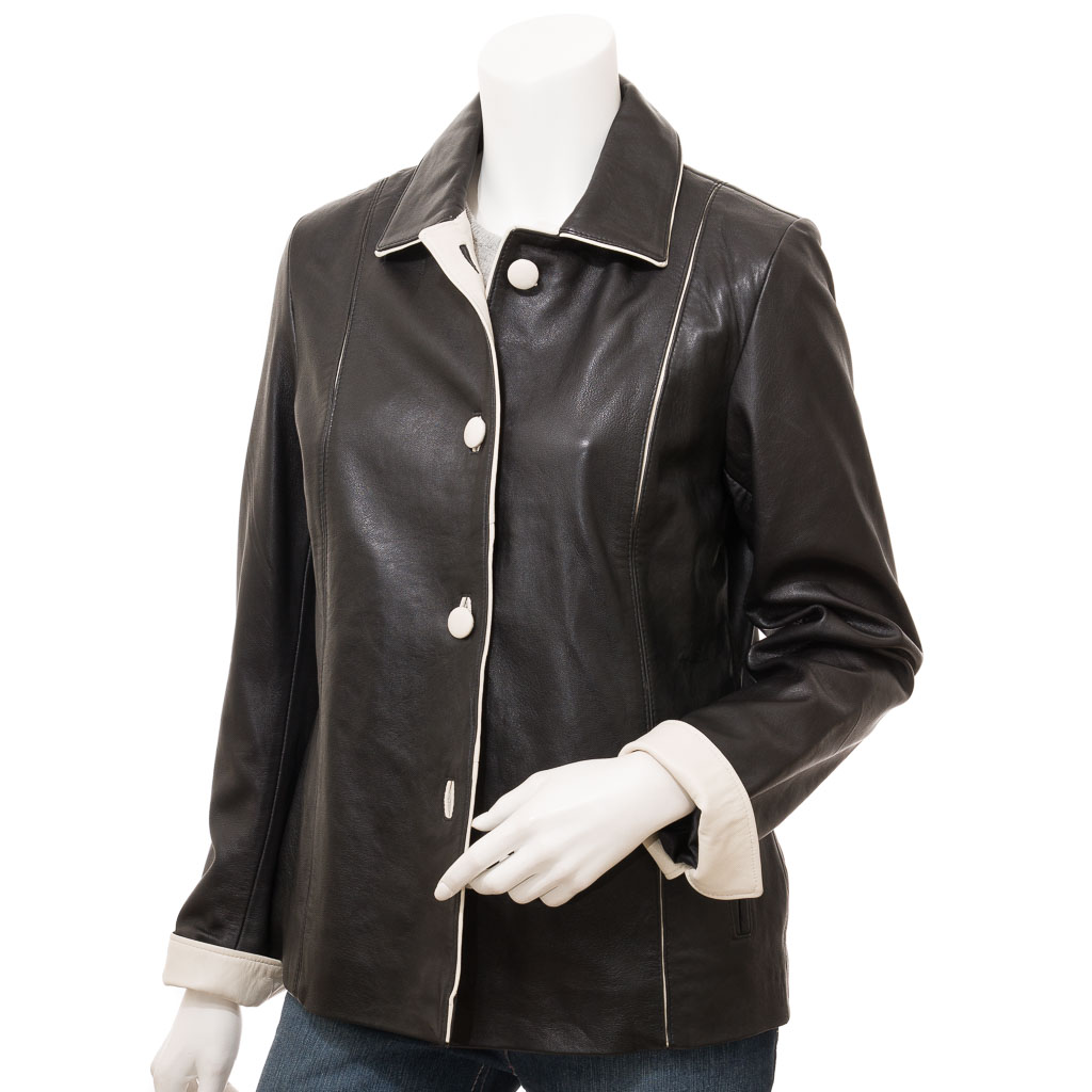 Leather Jacket in Black & Ivory Sheep Nappa | Pearland