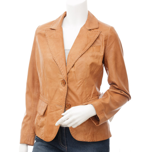 Women's Tan Leather Blazer With Soft Sheep Aniline Hide