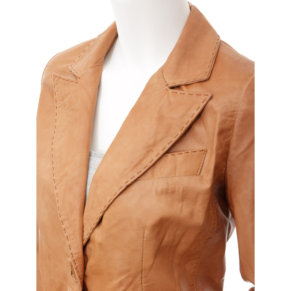 Women's Tan Leather Blazer With Soft Sheep Aniline Hide