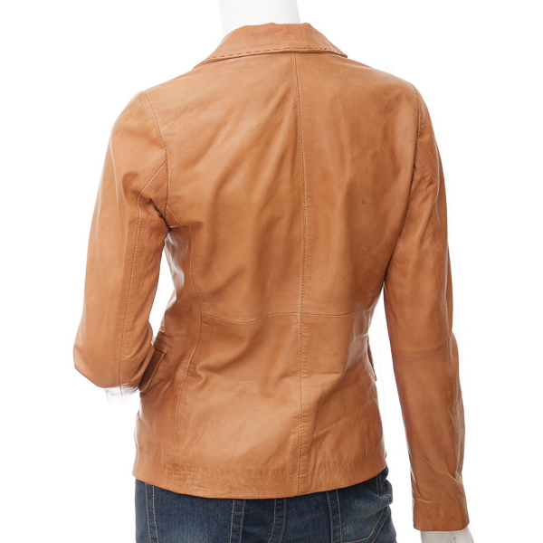Women's Tan Leather Blazer With Soft Sheep Aniline Hide
