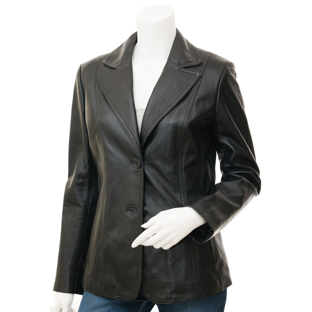 Leather Blazer in Black Nappa With Tailored Longline Fit