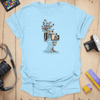 T-Shirt With Vintage Camera And Surreal Floral Art