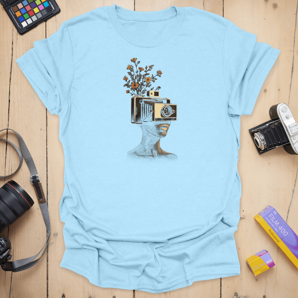 T-Shirt With Vintage Camera And Surreal Floral Art
