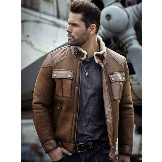 Men RAF B3 Flight Bomber Shearling Sheepskin Retro Aviator Leather Jacket