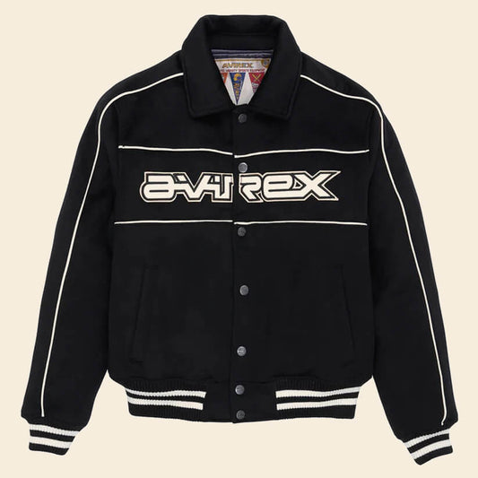 Men Black Woolrider Avirex Leather Letterman Jacket
