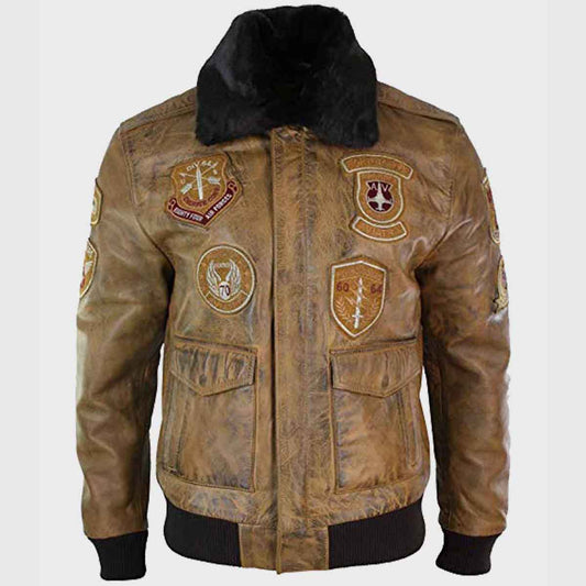 Mens Aviator Tan Bomber Leather Jacket