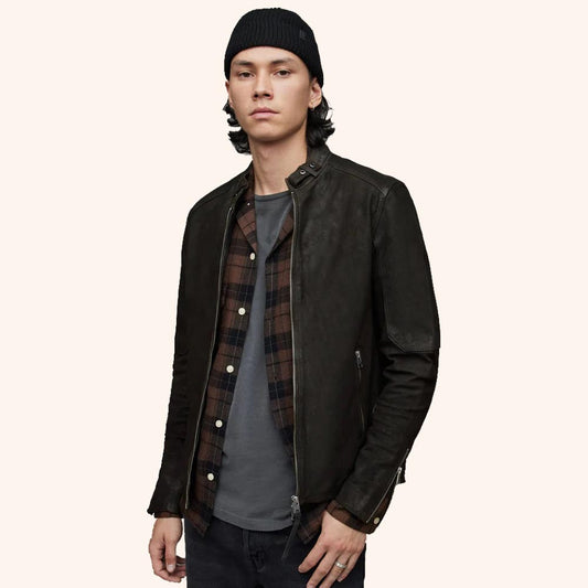 Men's Black Leather Harrington Jacket with Front Zipper