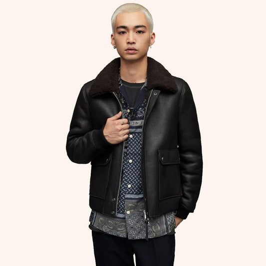 Men's Black Leather Harrington Shearling Bomber Jacket