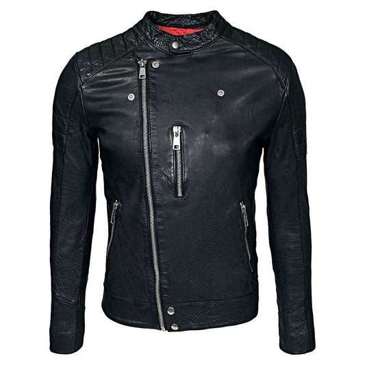 Mens Waxed Sheepskin Leather Cafe Racer Biker Jacket Black