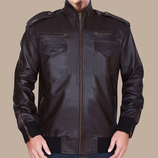 Men’s Dapper Brownish Leather Bomber Jacket