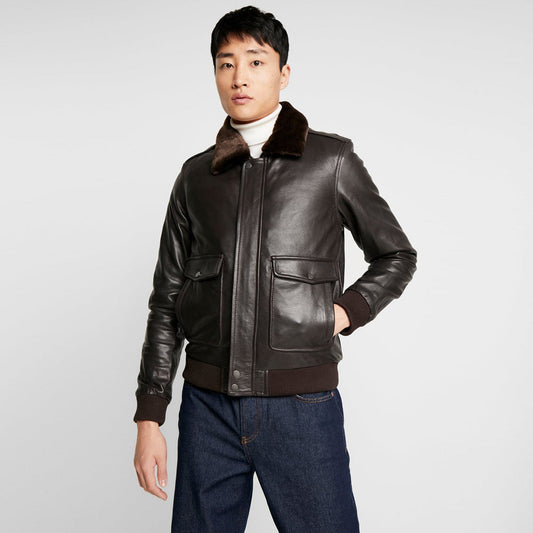 Men's Dark Brown Leather Fur Collar Bomber Jacket