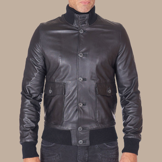 Mens Genuine Leather Black Bomber Jacket