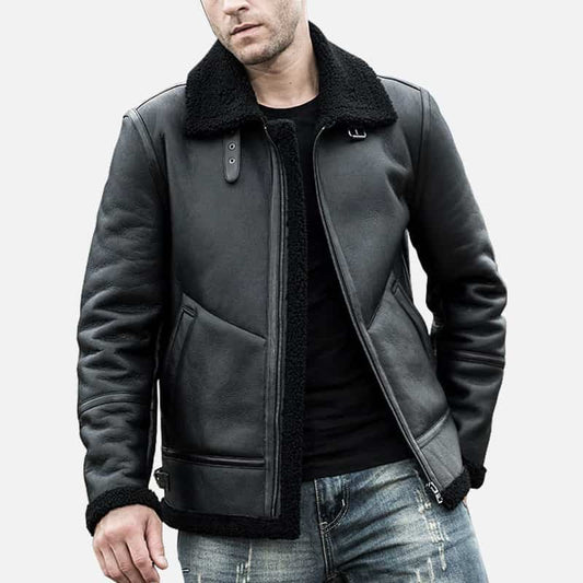 Men’s Shearling Leather Coat with Turn-Down Collar Winter Warm Jacket