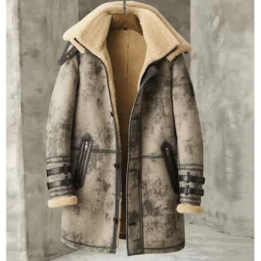 Mens Shearling Sheepskin Leather Long Coat with Hood