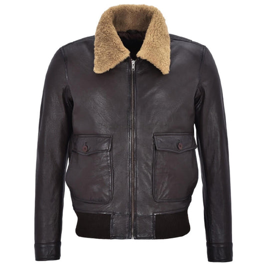 Mens WW2 Brown Shearling Collar Flight Bomber Jacket