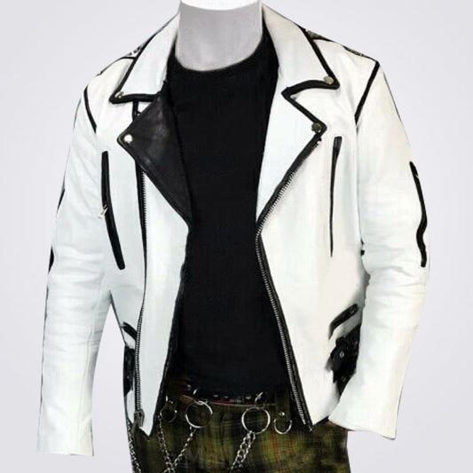 Men's White Black Silver Studded Brando Cowhide Biker Leather Jacket
