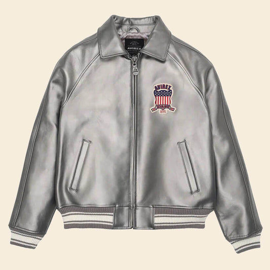 New Metallic Silver Letterman Bomber Avirex Jacket For Men