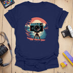 T-Shirt With Vintage Camera Sunset Landscape Graphic