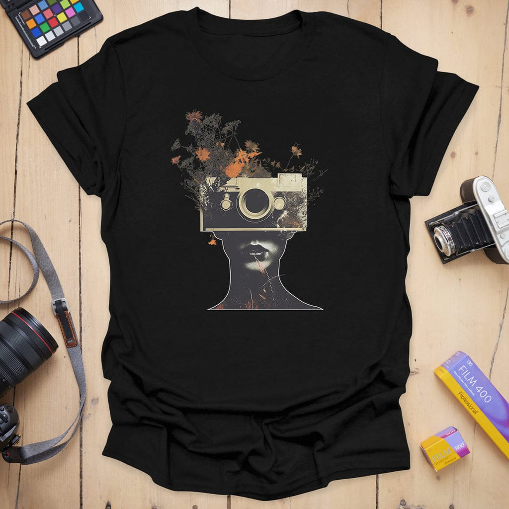 T-Shirt With Surreal Camera And Wildflower Artwork