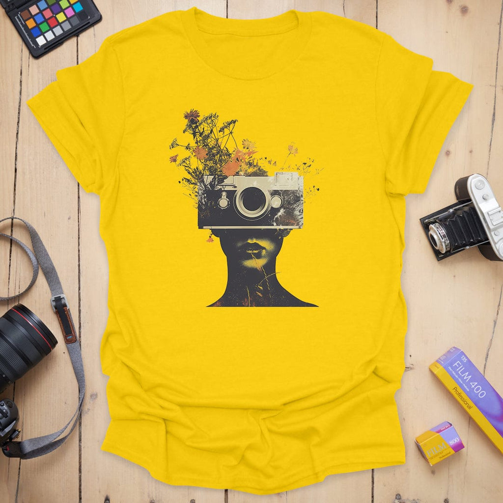 T-Shirt With Surreal Camera And Wildflower Artwork
