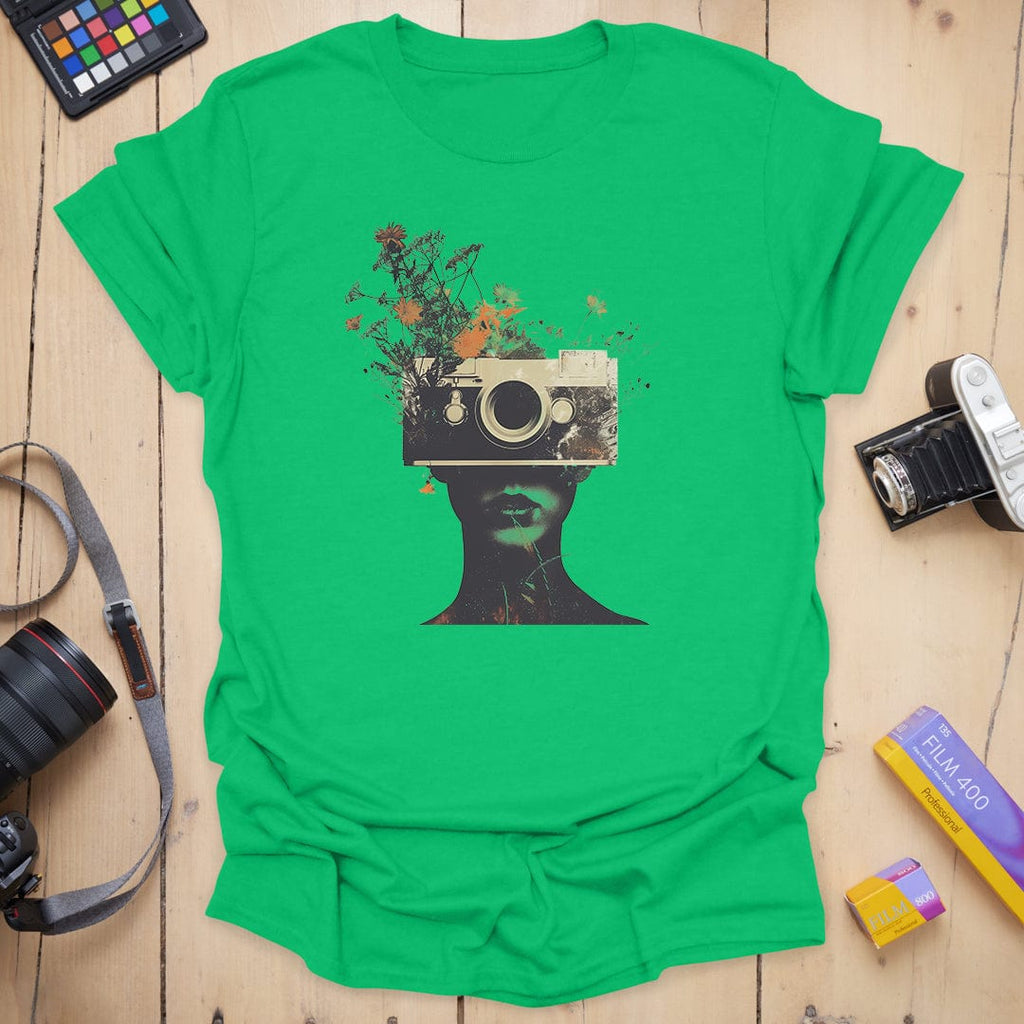 T-Shirt With Surreal Camera And Wildflower Artwork
