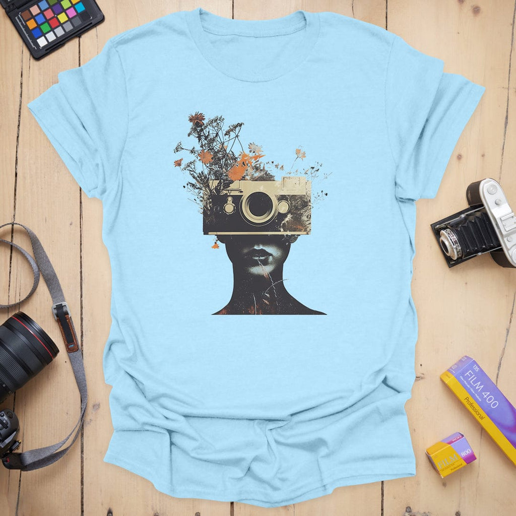 T-Shirt With Surreal Camera And Wildflower Artwork