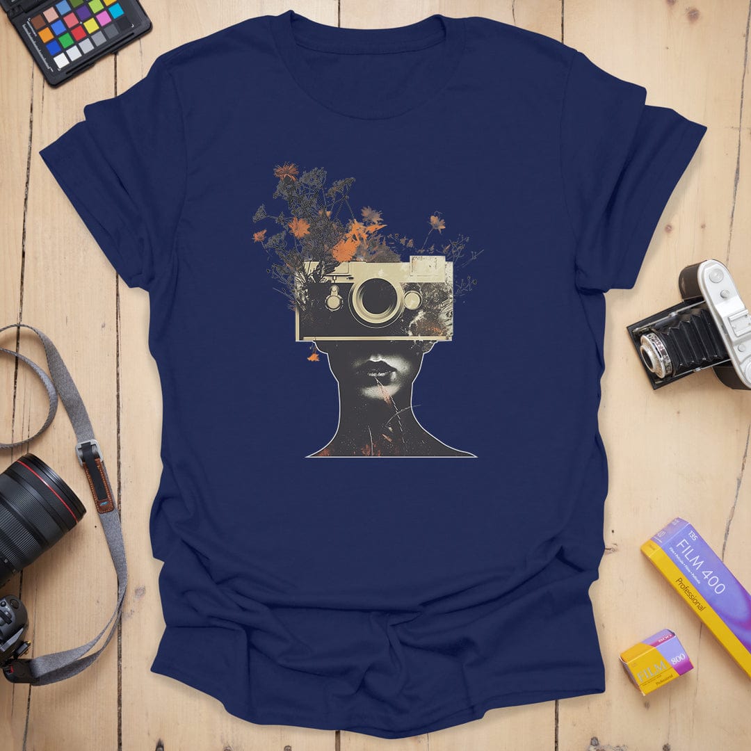 T-Shirt With Surreal Camera And Wildflower Artwork
