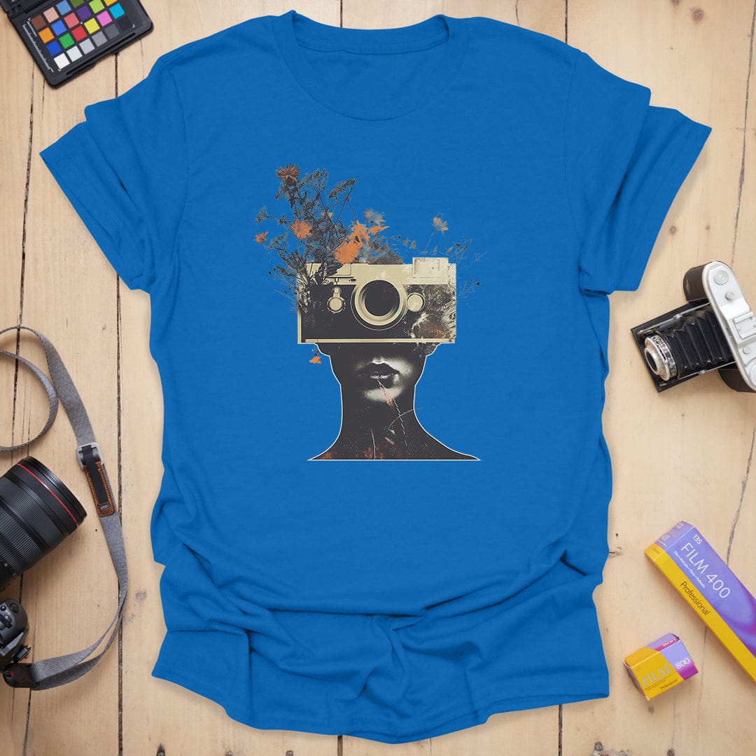 T-Shirt With Surreal Camera And Wildflower Artwork