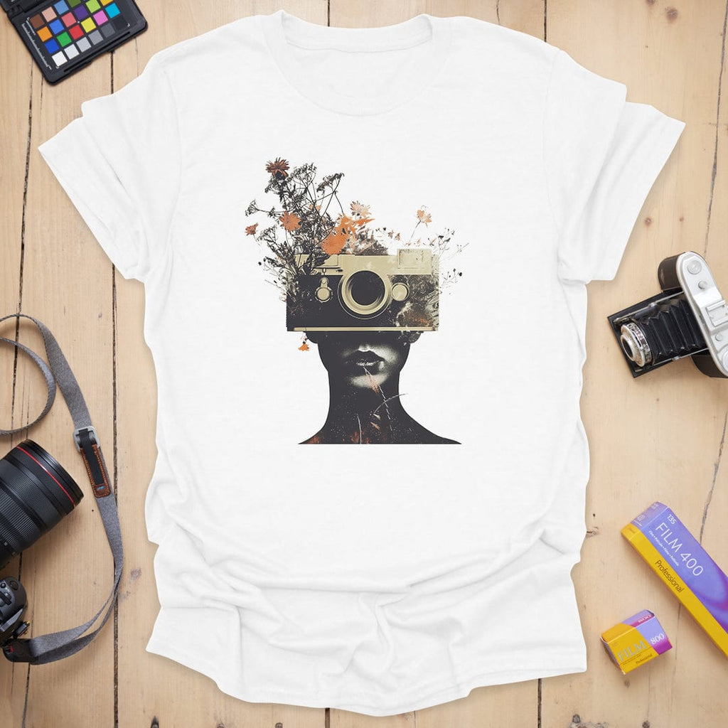 T-Shirt With Surreal Camera And Wildflower Artwork