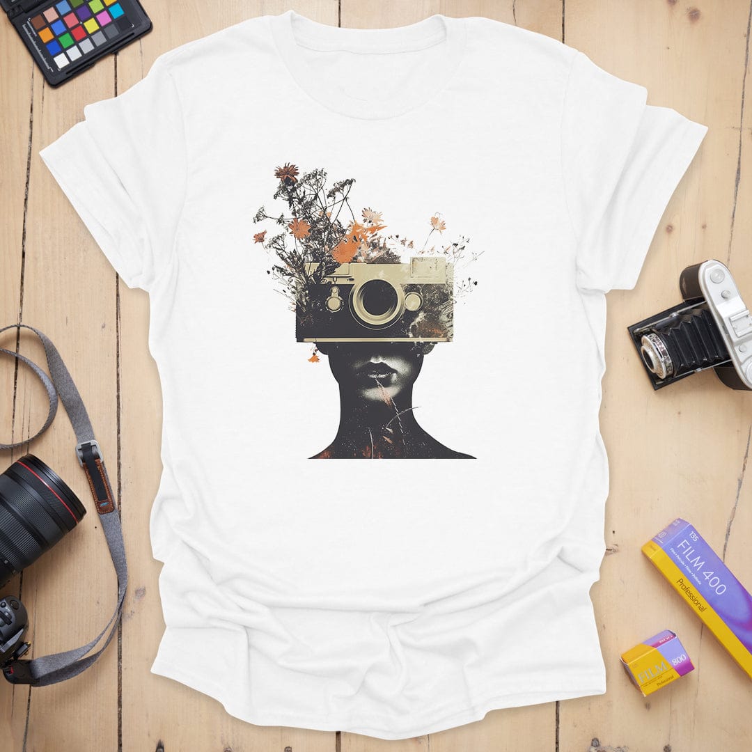 T-Shirt With Surreal Camera And Wildflower Artwork