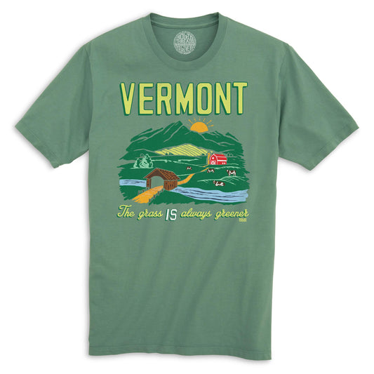 Vermont The Grass Is Always Greener Cool Organic Cotton T-shirt | Vintage Green Mountains  Tee | Solid Threads