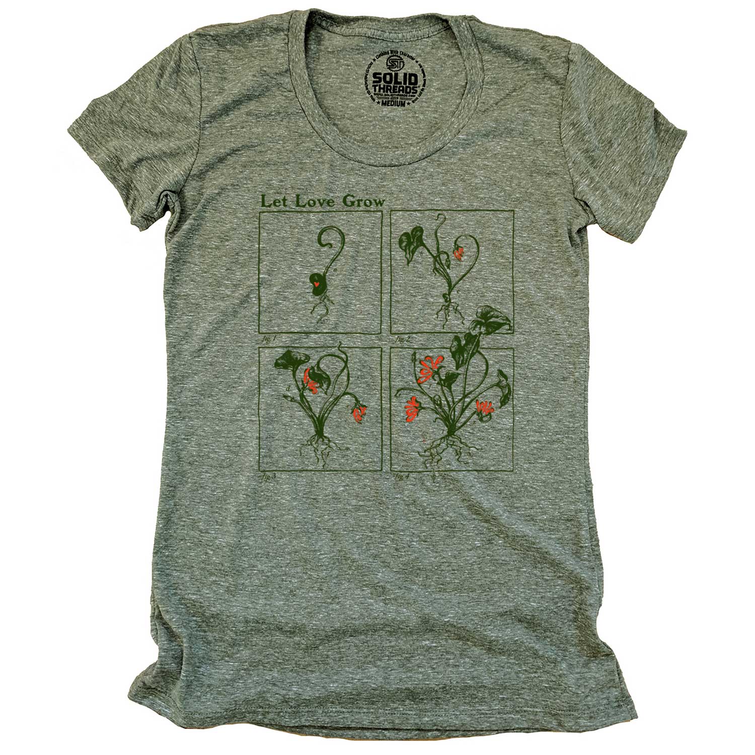 Women's Let Love Grow Cool Valentine's Graphic T-Shirt | Retro Hopeless Romantic Tee | Solid Threads