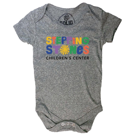 Baby Stepping Stones Rainbow Sunburst Cool Graphic One Piece | Artistic Vermont Children's Center Romper | Solid Threads