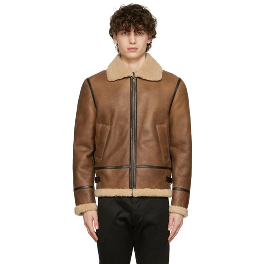 Mens Tan Shearling Aviator Jacket