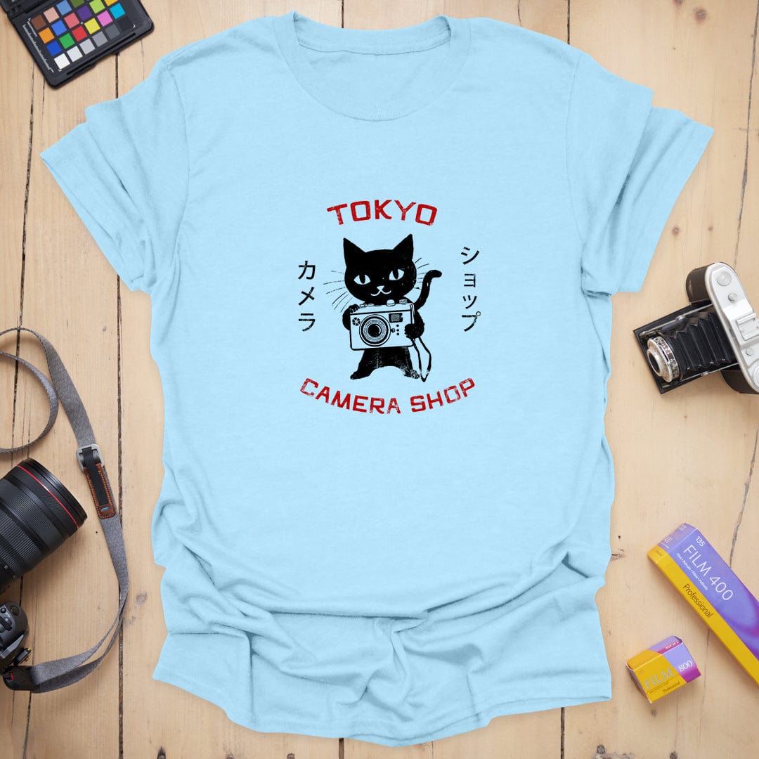 T-Shirt With Retro Tokyo Cat And Camera Print